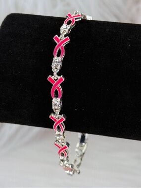 Breast cancer awareness, pink and Silvertone, bling accent, tennis bracelet